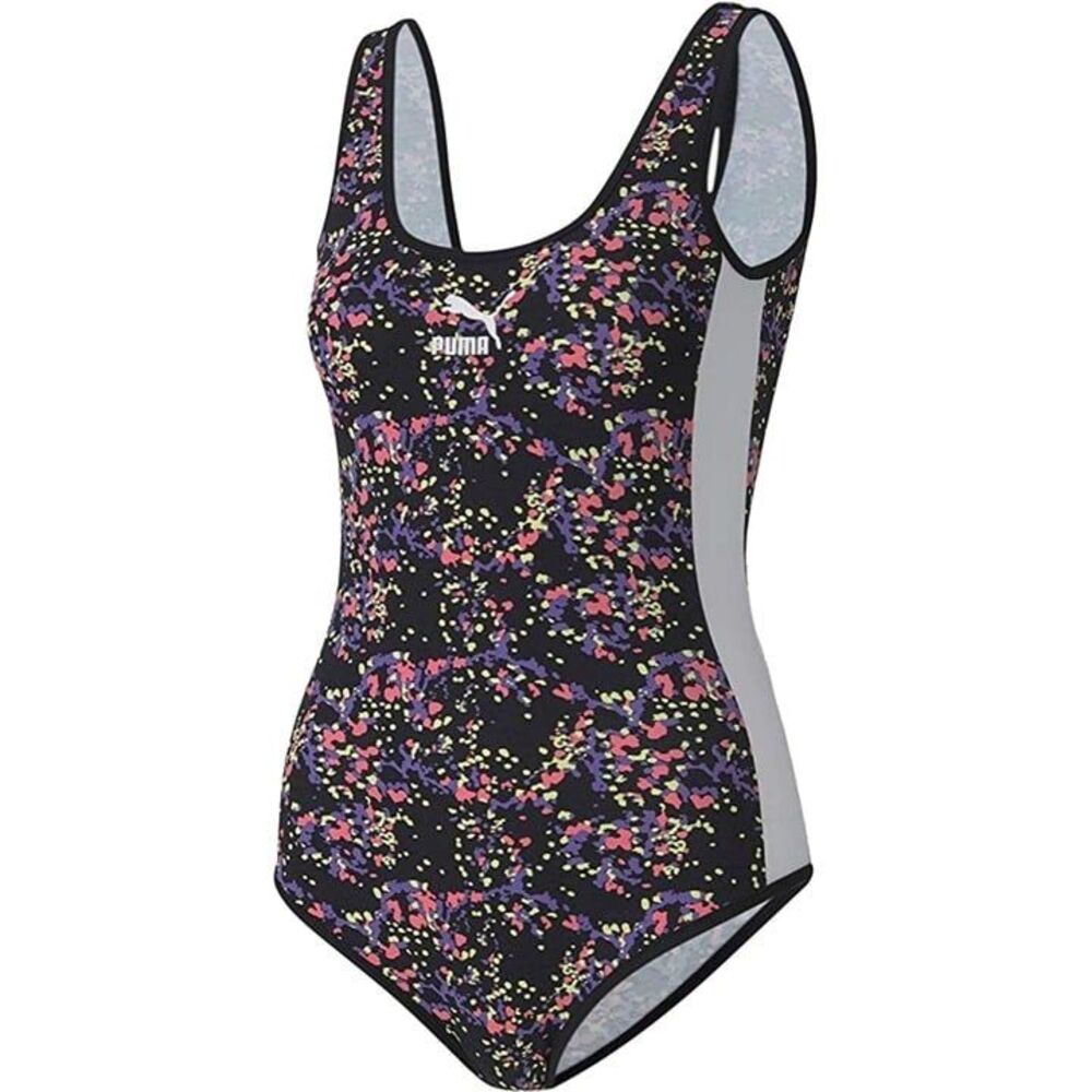 Puma Womens Bodysuit M Black Multi Color One Piece Floral New